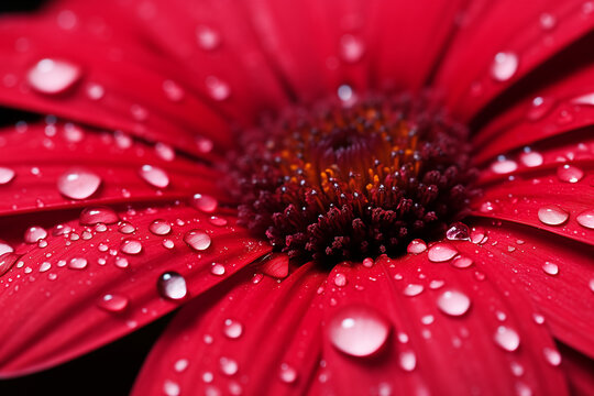 A vibrant red flower covered in fresh water droplets, highlighting its intricate details and rich color