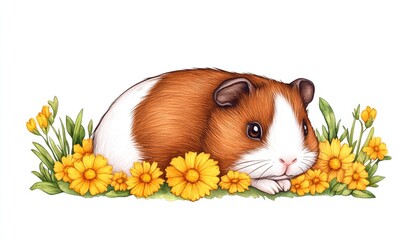 Adorable guinea pig nestled among vibrant yellow flowers in a serene garden setting