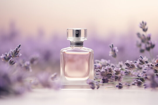 A clear glass perfume bottle nestled in a bed of lavender blossoms, symbolizing calmness and the beauty of nature.