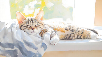 A cat is sleeping on a window sill
