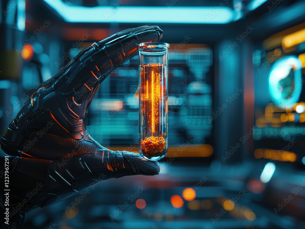 Poster scientist explores advanced compounds in a high-tech laboratory filled with holographic displays and