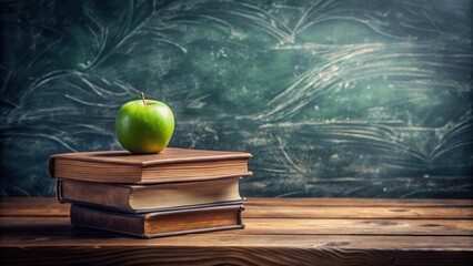 A green apple rests atop a stack of vintage textbooks against a worn chalkboard background, symbolizing the pursuit of knowledge and learning.