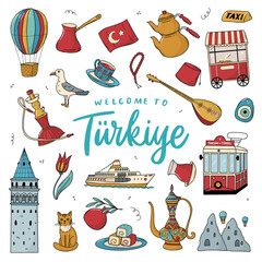Turkish doodles collection, Turkiye cartoon elements clipart, Istanbul theme. Good for posters, cards, stickers, prints, signs, banners, etc. EPS 10 © Натали Осипова