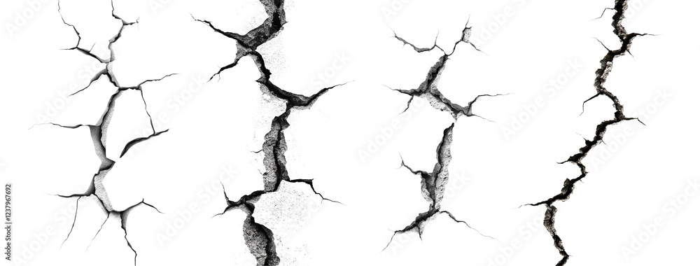 Poster set of crack patterns with jagged edges, isolated on transparent cutout background