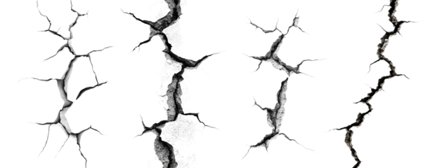Set of crack patterns with jagged edges, isolated on transparent cutout background