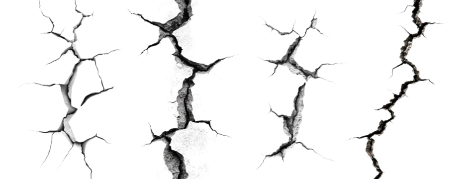 Set of crack patterns with jagged edges, isolated on transparent cutout background