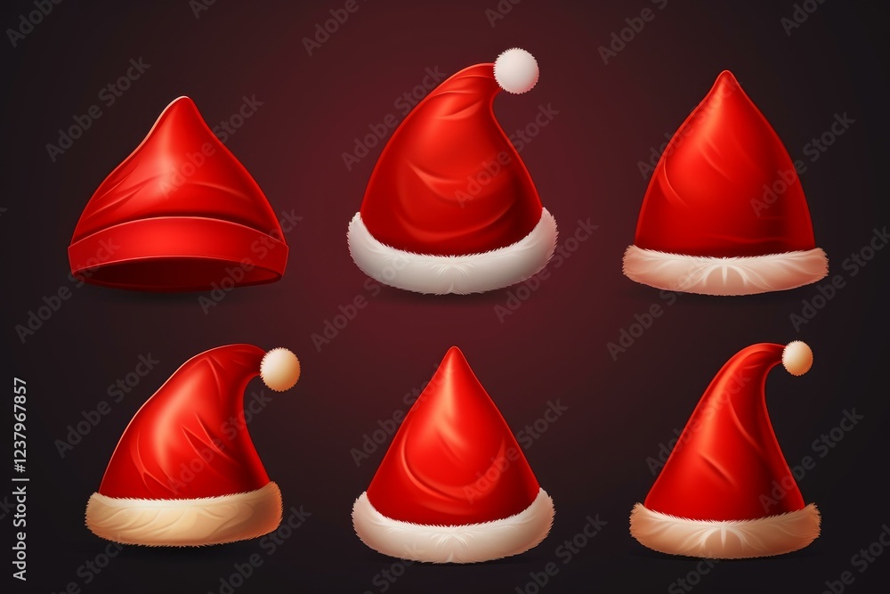 Aufkleber six variations of santa claus hats showing different angles and shapes on a dark red background