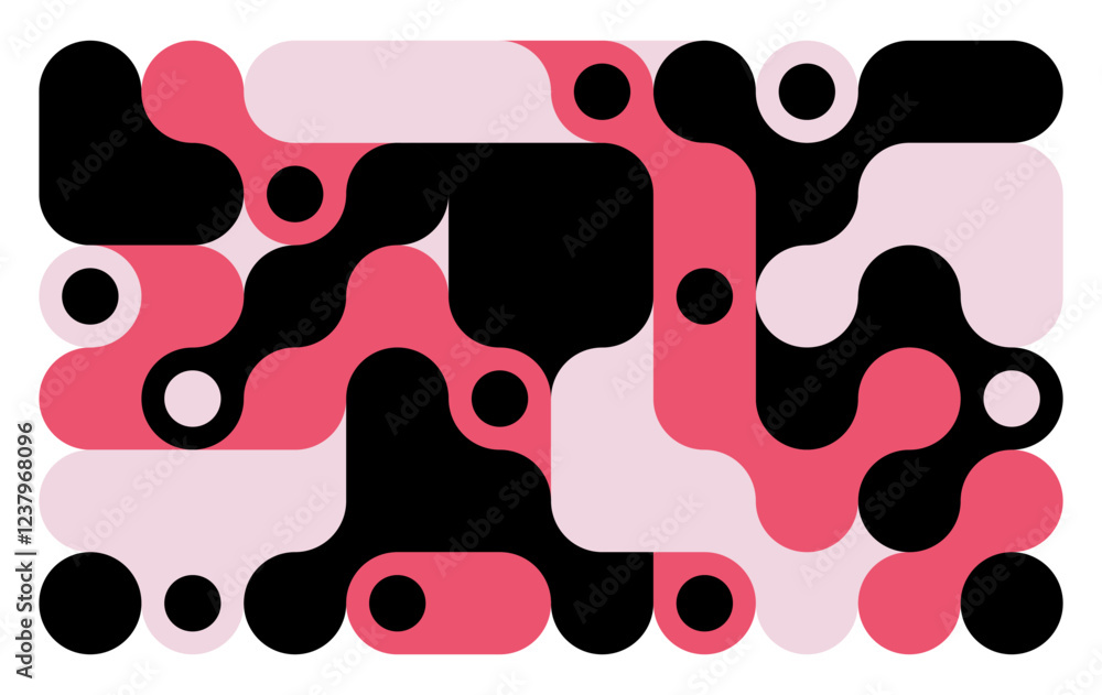 Wall mural background with black and pink liquid connected circle dots.metaballs pattern on white. abstract geo