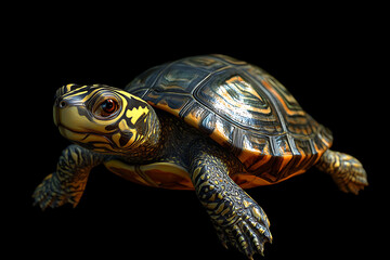 Obraz premium turtle on a black background, turtle on a blank black background, a turtle, turtle, cute turtle, black background, copy space for add text, 3d rendering, 3d, vector, AI generative