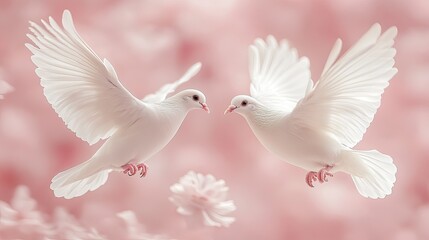 Obraz premium Two White Doves In Flight Amidst Pink Blossoms
