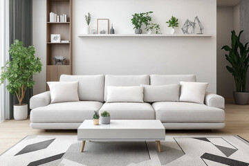 Modern Minimalist Living Room with Neutral White Sofa, Decorative Indoor Plants, Stylish Wall Shelves, and Geometric Rug, Featuring Natural Light and Contemporary Furniture for a Cozy, Elegant Home At