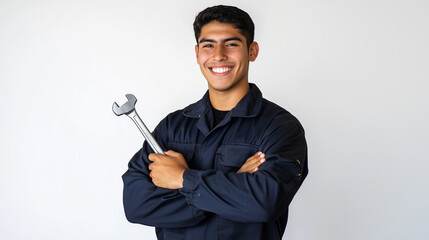 Smiling young mechanic in a navy blue uniform holding a wrench, symbolizing professionalism, technical expertise, and automotive repair service in the mechanical engineering industry.