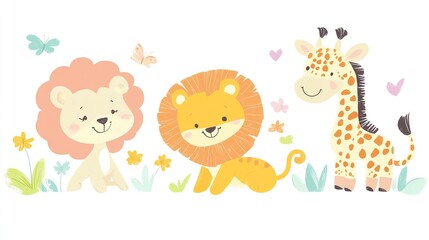 Naklejka premium Cute Safari Animals Lion Giraffe Illustration