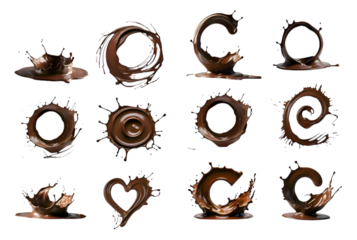 Set of twelve chocolate splash isolated on transparent background 