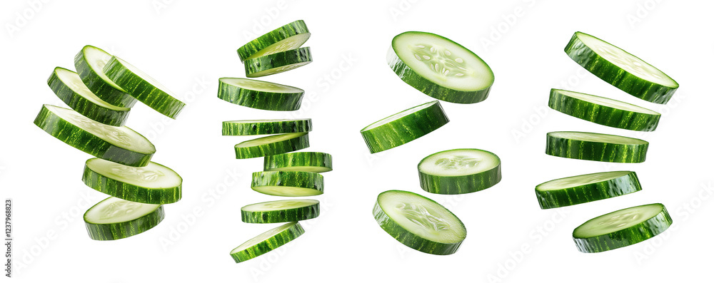 Poster set of sliced cucumber pieces floating in the air, isolated on transparent cutout background