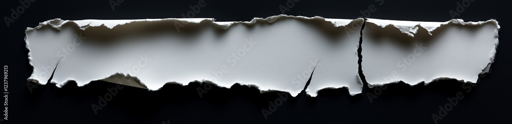 Poster white paper tear with empty space for text, isolated on a black background, panoramic banner. the to
