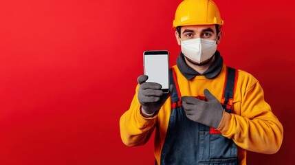 construction worker showing blank smartphone screen