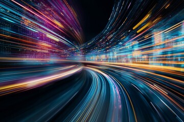 An abstract representation of a digital tunnel with streams of blue and pink light