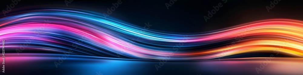 Poster blurred, abstract background with colorful light stripes set against dark orange and black, horizont