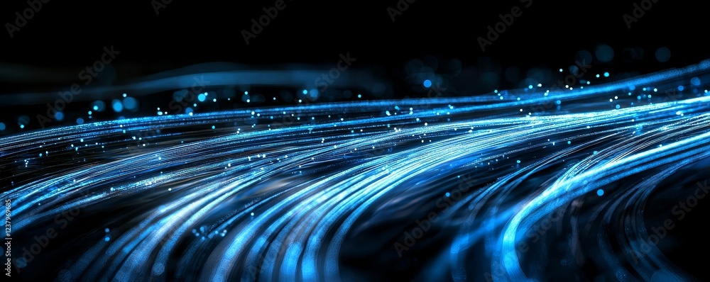 Poster in an abstract setting, blue gradient light streaks on a black background create a glowing motion bl