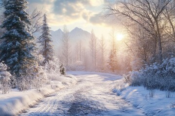 Fototapeta premium Beautiful winter landscape with snow covered trees and road in the mountains in the morning.