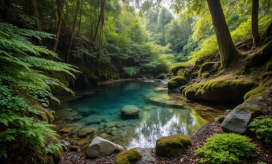 Serene forest pool with lush greenery