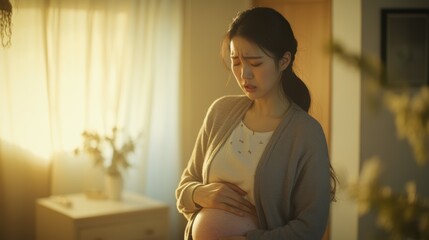 Asian woman holding lower abdomen in discomfort indoors, potential usecase for healthcare or medical concepts