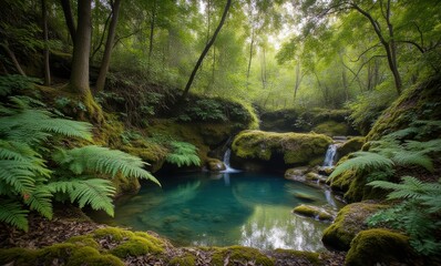 Serene forest oasis with flowing water