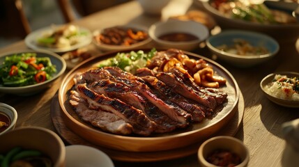 Fototapeta premium Grilled Pork Neck with Golden Sear Marks on Rustic Wooden Plate, perfect for food blogs or restaurant menus