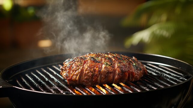Sizzling Pork Neck on a Grill with Grill Marks, Closeup Shot, Perfect for BBQ or Summer Food Recipes