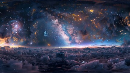 Immersive 360-degree equirectangular space background panorama featuring a vibrant nebula and shimmering stars, ideal for high-resolution HDRI environment maps