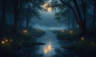 Serene twilight forest with glowing fireflies