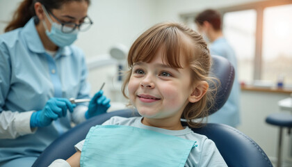 Happy child visiting dentist office with a smile during a dental check-up