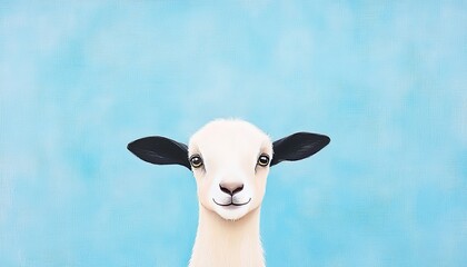 Adorable young goat with a cheerful expression against a soft blue background, perfect for animal-related content