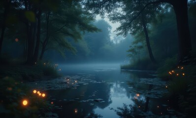 Serene misty forest with glowing orbs