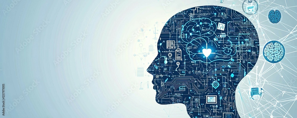 Poster health-tech innovations abstract head silhouette with digital circuit pattern and brain icons repres