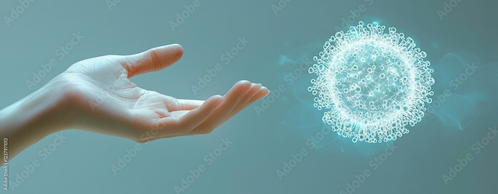 Poster health-tech innovations hand reaching out towards abstract colorful sphere with scientific particle 