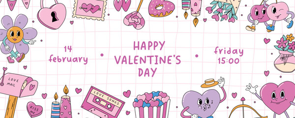 Valentine's day horizontal banner decorated with lettering quote and doodles. Good for invitations, posters, prints, social media covers, promo, templates, etc. EPS 10