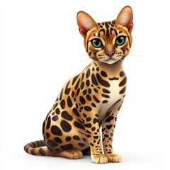 Bengal cat with a golden coat and dark rosette spots, isolated on a clean white background