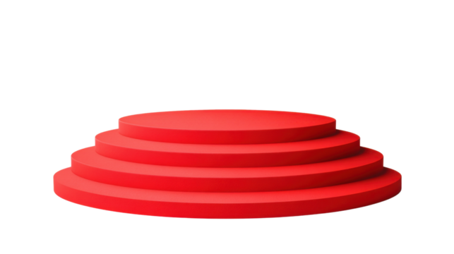 Round red podium with four steps on transparent background
