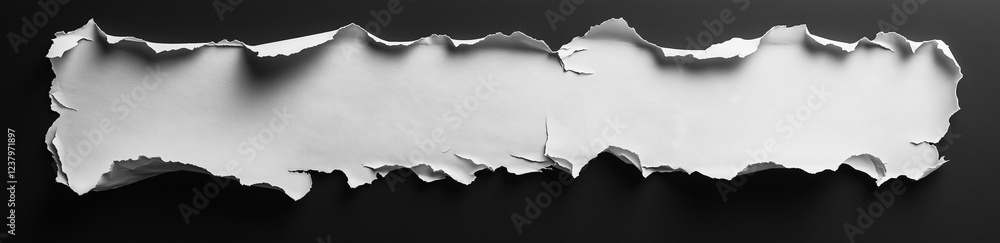 Poster white paper tear with empty space for text, isolated on a black background, panoramic banner. the to