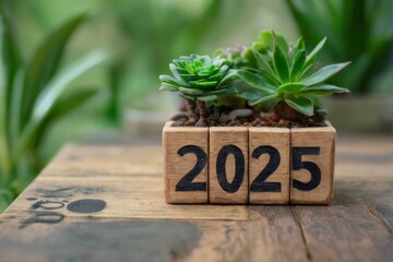 Succulent Plants and Number 2025 on Wooden Block in Natural Setting