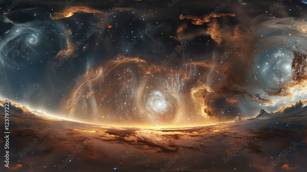 Poster immersive 360-degree equirectangular space background panorama featuring a vibrant nebula and shimme