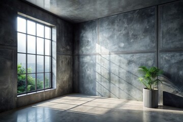 Sunlit Industrial Room with Greenery and Concrete Walls