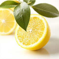 A slice of fresh half lemon fruit with leaves isolated on white background