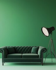 A stylish green sofa with a modern lamp against a matching wall, creating a cozy atmosphere.