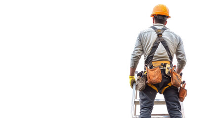 Construction worker climbing a ladder with transparent background