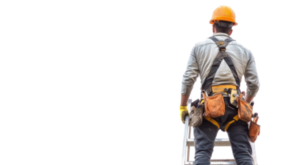 Construction worker climbing a ladder with transparent background