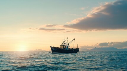 Obraz premium Fishing Boat at Sunset on Calm Ocean