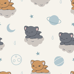 Obraz premium Seamless pattern with cute cat on space. Hand drawn textures. Use for prints, textiles, fabric, wallpaper, stationery, nursery, wrapping paper, etc. Vector illustration